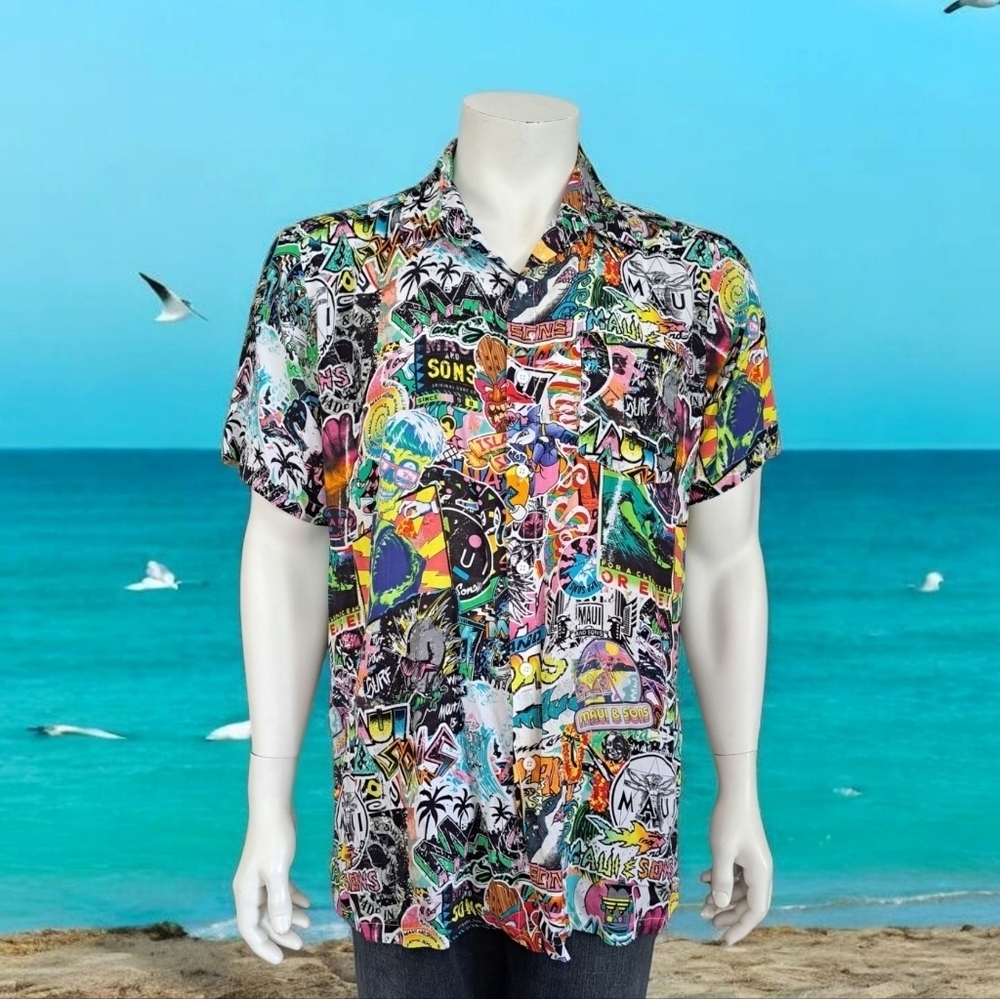 Maui & Sons Punk Shark Surf Skull All Over Print Button Up Hawaiian Men's Shirt